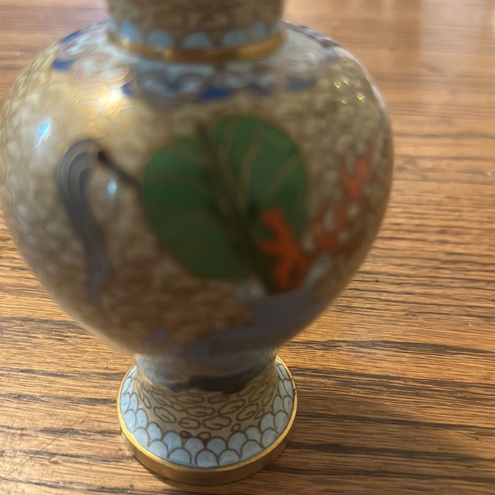 Antique Brass Painted Cloisonné 5” Vase - Picture 3 of 8